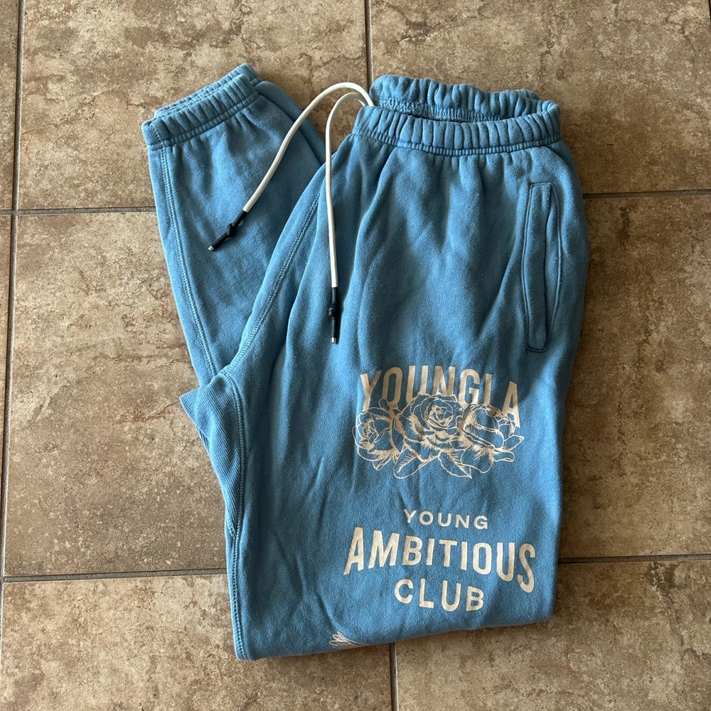 YoungLA Blue Sweatpants with White Drawstrings & Graphic